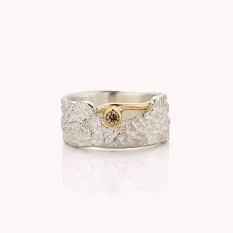 zilveren ring met geelgouden draad  en bruine diamant